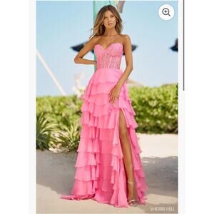 Sherri Hill #56162 Size 6 Pink Strapless Gown Corset Top Chiffon Ruffle Dress